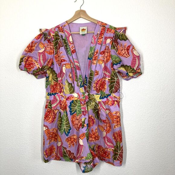 Farm Rio Romper Lilac XL Purple Toucan Tropical Print Puff Sleeve V Neck Ruffle - Picture 1 of 16